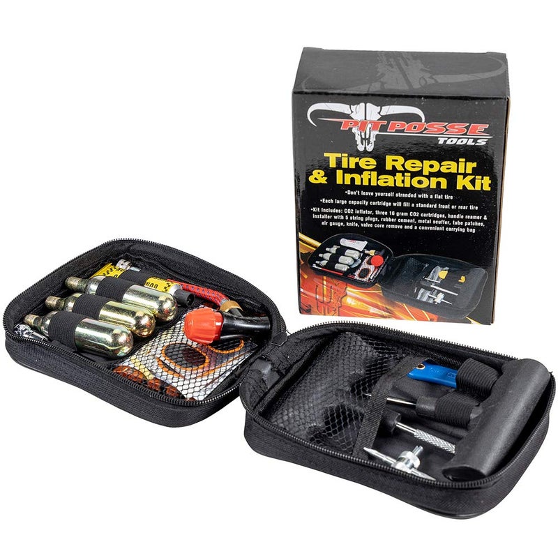 Pit Posse PP3167 Motorcycle Tire Repair Kit with Co2 Inflator and Cartridges for Tube and Tubeless Tires, Emergency Roadside Kit, Flat Tire Accessories for Easy Repair - Image 1